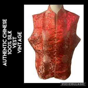 Asian Red and Gold Vintage 100% Silk Sleeveless Vest Size XXL